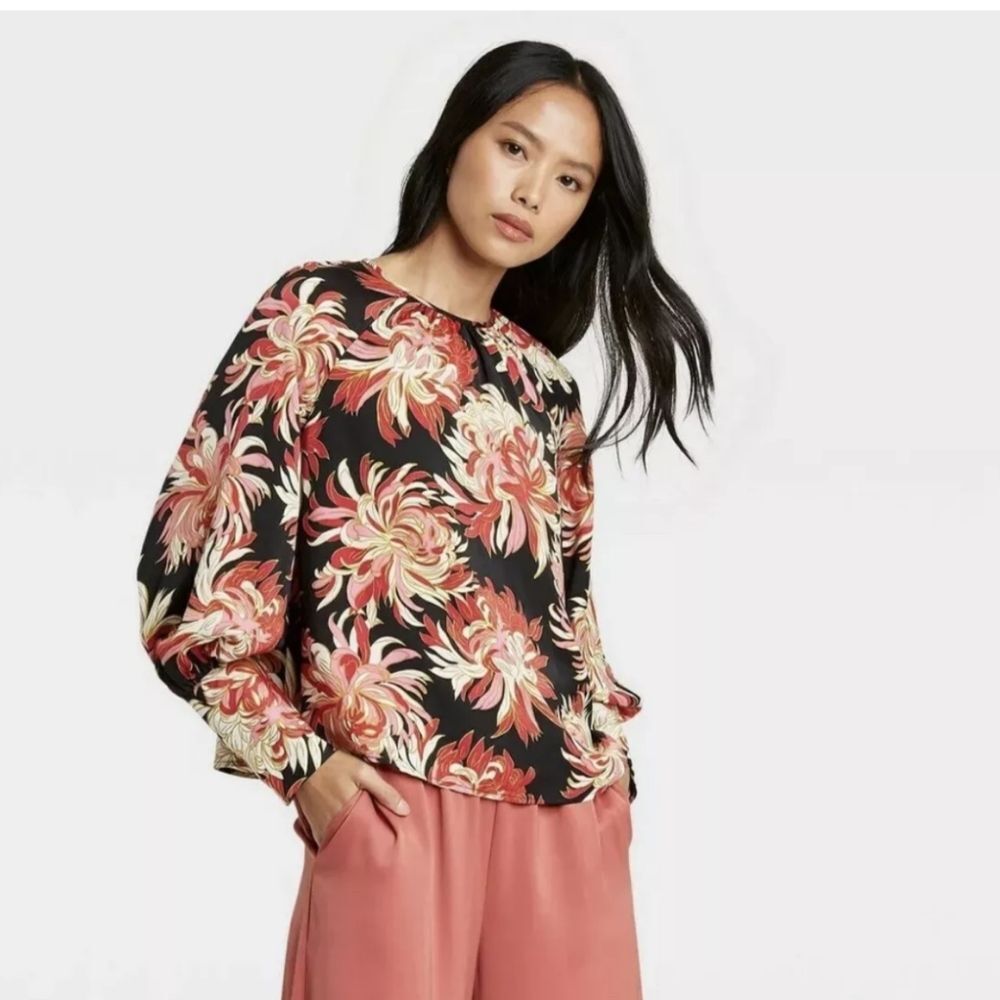 Who What Wear Black Floral Balloon Long Sleeve High Cuff Blouse Size Large